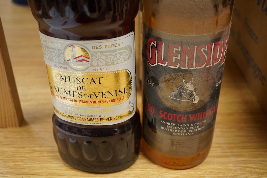 Six bottles of wine and spirits including; Muscat de Beaumes de Venise, Ramirez de la Piscina Rioja 1998, Gevrey-Chambertin 1999, Glenside Scotch Whisky, Dos Cortados sherry, A Winter’s Tale sherry, etc.